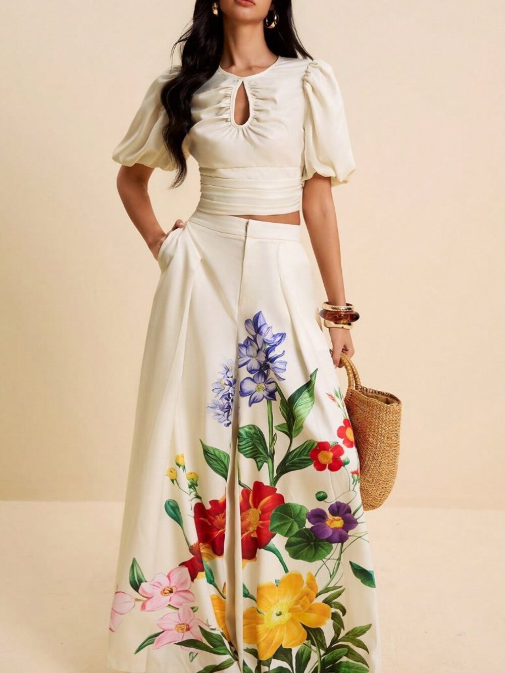 Apricot Elegant Women's top and floral pant Vacation coord Set - Picture 4 of 8